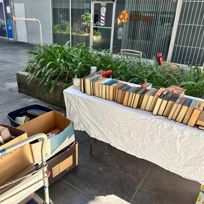 Sale Photo Thumbnail #6: six boxes 2-3 layers stacked with vintage books from one library. Some are library discards, some have discoloration. Check out the pictures to see some of the titles.