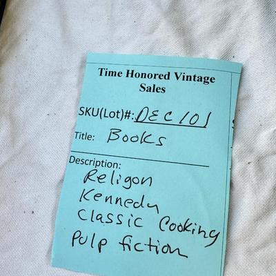 Sale Photo Thumbnail #18: Vintage cookbooks, religious books, Pulp Fiction, 2 Kennedy books. Bibles, and other spiritual books, unusual vintage cookbooks and paperback books. These books are in used conditions, with some damage, discoloration and may have writing.