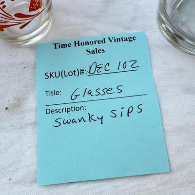 Sale Photo Thumbnail #32: Swanky sips, Lithographic 1950s juice glasses. Water thumb print glasses, 2 republican coffee mugs.