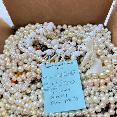 Sale Photo Thumbnail #51: Costume Jewelry Necklaces 64 beaded, Many lengths and sizes of faux pearl strands. Mardi Gras beads not included in count. Display NOT included.