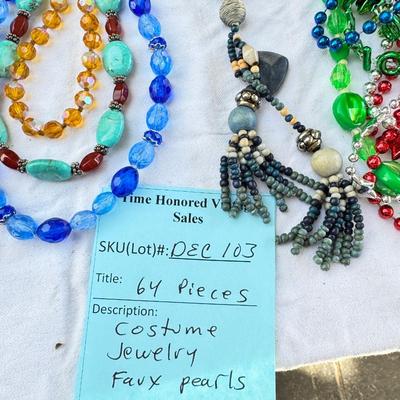 Sale Photo Thumbnail #41: Costume Jewelry Necklaces 64 beaded, Many lengths and sizes of faux pearl strands. Mardi Gras beads not included in count. Display NOT included.