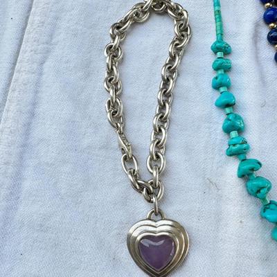 Sale Photo Thumbnail #56: Lavender jade on a 26" Italian 925 chain, pendant is also Sterling and marked. Lavender jade bracelet, Lavender jade Silver heart bracelet ( Chain did not test sterling and is not marked) Real colored Freshwater pearls necklaces and bracelet. Display NOT 