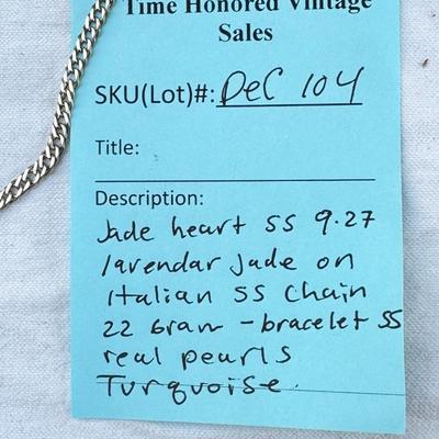 Sale Photo Thumbnail #66: Lavender jade on a 26" Italian 925 chain, pendant is also Sterling and marked. Lavender jade bracelet, Lavender jade Silver heart bracelet ( Chain did not test sterling and is not marked) Real colored Freshwater pearls necklaces and bracelet. Display NOT 