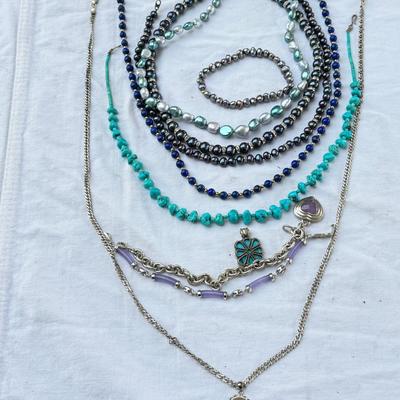 Sale Photo Thumbnail #65: Lavender jade on a 26" Italian 925 chain, pendant is also Sterling and marked. Lavender jade bracelet, Lavender jade Silver heart bracelet ( Chain did not test sterling and is not marked) Real colored Freshwater pearls necklaces and bracelet. Display NOT 