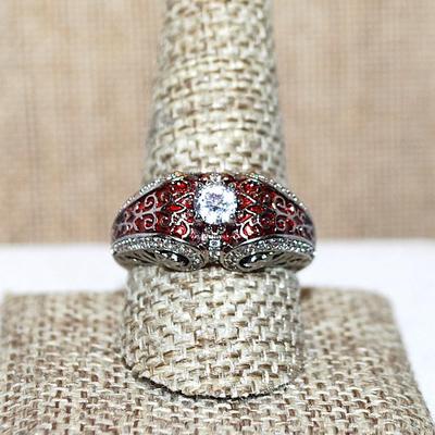 Size 10 Marked .925 "Puffy" CRANBERRY RED Party Ring with a Single Main Clear Round Stone on a Silver Band (6.4g)