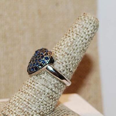 Size 7 ½ Marked .925 "Puffy" HEART Shaped Ring Embedded with Full Layer of Deep Blue Accent Stones on a Silver Band (6.4g)
