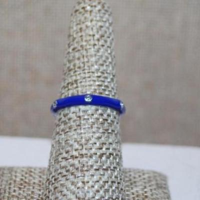 Size 9 Marked .925 Delicate ROYAL BLUE Enamel Ring with 6 Rhinestones Around the Band (2.3g)