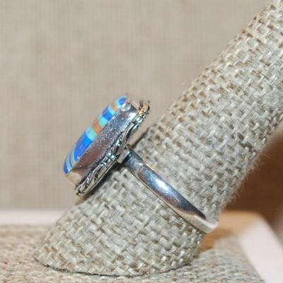 Size 9½ Marked .925 Rectangle RAINBOW CALSILICA Gemstone Ring with Full Slanted Lines in Blues & Orange and Silver-Plated Band (5.1g)