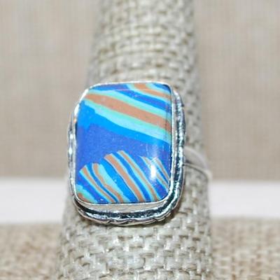 Size 9½ Marked .925 Rectangle RAINBOW CALSILICA Gemstone Ring with Full Slanted Lines in Blues & Orange and Silver-Plated Band (5.1g)