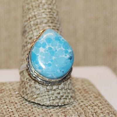 Size 10½ Marked .925 PEAR Shape Sky Blue & White AGATE Gemstone Ring with Silver-Plated Band (7.0g)