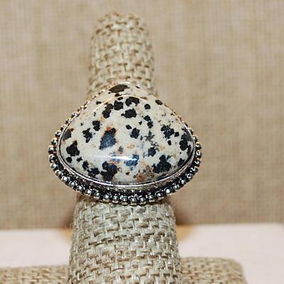 Size 8 Rounded Triangle Shaped BLACKS & BROWNS on White Colored DENDRITE OPAL Gemstone with Full Rope Surround on a Silver Tone Band...