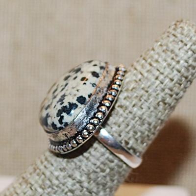 Size 8 Rounded Triangle Shaped BLACKS & BROWNS on White Colored DENDRITE OPAL Gemstone with Full Rope Surround on a Silver Tone Band...