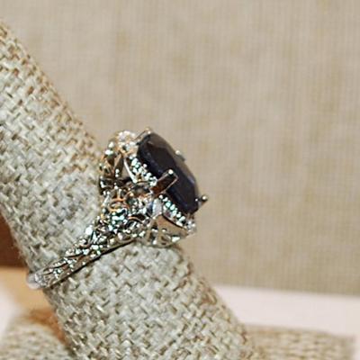 Size 8¼ Deep BLUE Rectangle Stone Ring on a "Spider Web" Nest & Surround on a Silver Tone Band (3.9g)