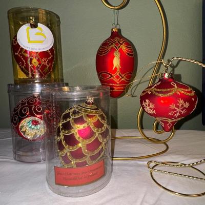 Lot of 5 Red & Gold Handblown Ornaments