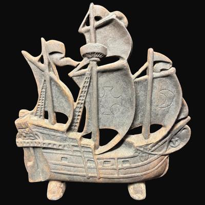 Sale Photo Thumbnail #21: This is a multi mast ship.  Shows signs of surface rust and patina throughout.  Measurement: 10.75"H. [CS]