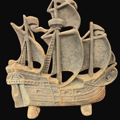 Sale Photo Thumbnail #24: This is a multi mast ship.  Shows signs of surface rust and patina throughout.  Measurement: 10.75"H. [CS]