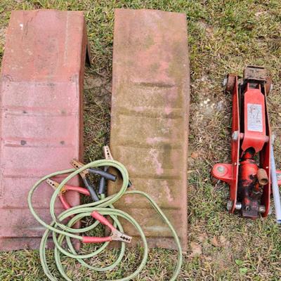 Floor jack, 2 car ramps & jumper cables