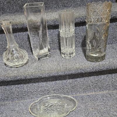 4 crystal/lead vases, olive platter w/leaf design