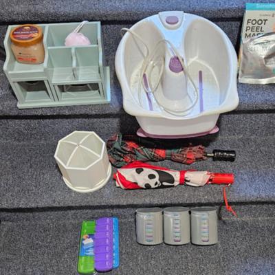 Footbath, umbrellas, pill minders