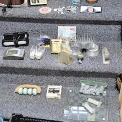 Knick-Knacks, Chess/checkers Set, four vintage alarm clocks, Slinky, View Master slides (NIB), cow bell (new in bag), night lights,...