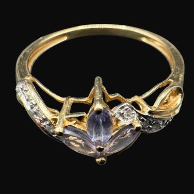 Sale Photo Thumbnail #50: **WIRE TRANSFER IS REQUIRED IF SHIPPED.** [2.03g] This vintage piece features three marquis cut purple tourmaline stones, along with ten diamonds, set in yellow gold. All stones confirmed with Presidium Duotester.  Ring size is 7.5. **ALL PRECIOUS METALS 