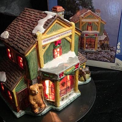 Feathers & Fur Woodcraft – Rustic Lighted Porcelain Village Shop (Wildlife Lodge Series)
