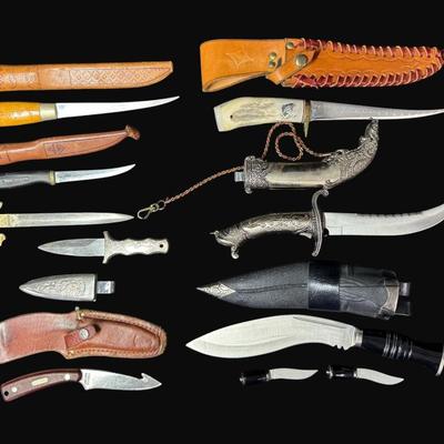 Sale Photo Thumbnail #71: Includes a Schrade Model 1580T, a  fillet knife, and more. Total of eight pieces. Largest is 15"L overall. [JP]