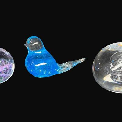 Sale Photo Thumbnail #79: Includes Joe St. Clair, Maytum Studio signed art glass, and Simon Pearce signed paperweights. Total of three pieces. [CS]