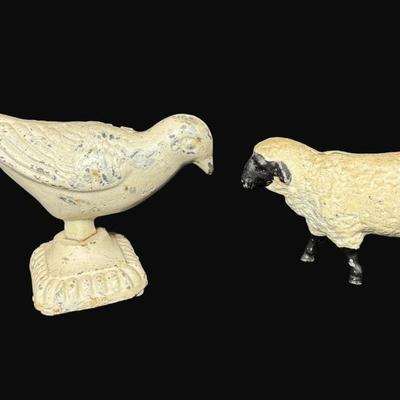 Sale Photo Thumbnail #85: This assortment includes a cast iron sheep bank and cast iron bird doorstop/paperweight.  Tallest is 6".  Age related wear and paint loss.  [CS]