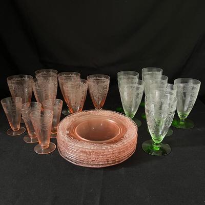 Fostoria Pink & Green Stemmed Glasses Plus More (LR-RG)