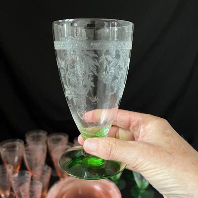 Fostoria Pink & Green Stemmed Glasses Plus More (LR-RG)
