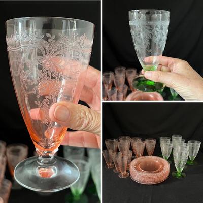Fostoria Pink & Green Stemmed Glasses Plus More (LR-RG)