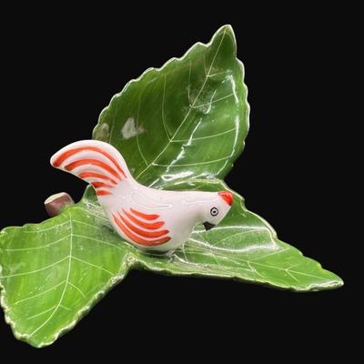 Sale Photo Thumbnail #127: Hand painted chicken on green leaf. Age related wear. Measurement: 3"W x 2.5"H. [CS]