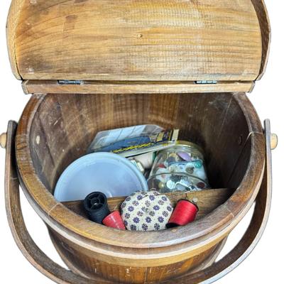 Sale Photo Thumbnail #151: This is a three-legged piece. Sewing notions are included. Age related wear. Measurement: 22"H. [JP]