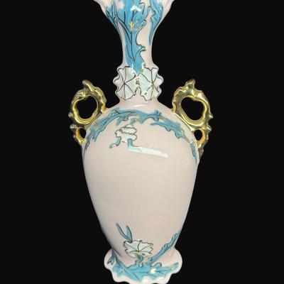 Sale Photo Thumbnail #159: Pink in color, with gold accents. Includes an Art Nouveau vase (9"H), a handled carafe (9.5"), and a handled candy dish. Total of three pieces. [RE]