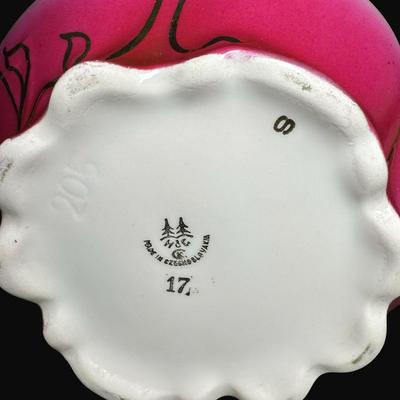 Sale Photo Thumbnail #162: Pink in color, with gold accents. Includes an Art Nouveau vase (9"H), a handled carafe (9.5"), and a handled candy dish. Total of three pieces. [RE]