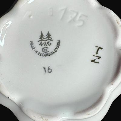 Sale Photo Thumbnail #167: Rose pattern. Pink with gold accents. Made in Czechoslovakia.  Believed to be from the 1920s. Total of six pieces. Measurement: 3.5"H. [RE]