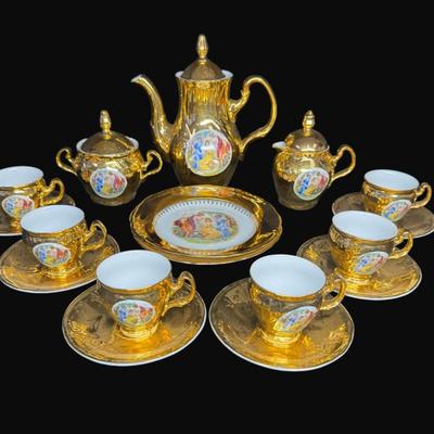 Sale Photo Thumbnail #171: Made by Bernadotte of Czechoslovakia. Set includes teapot, creamer and sugar, cup, saucer, bread plates, and more. [RE]