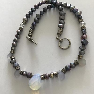 Beautiful handcrafted, genuine, pearl, crystal bead, moonstone, choker, toggle necklace