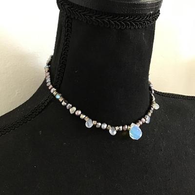 Beautiful handcrafted, genuine, pearl, crystal bead, moonstone, choker, toggle necklace