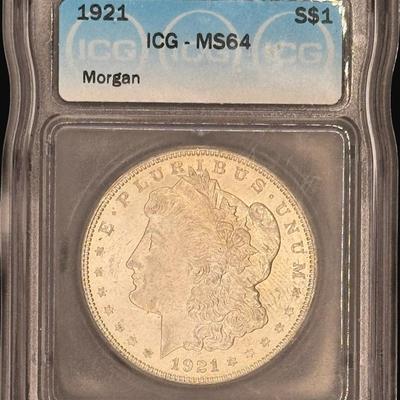 Sale Photo Thumbnail #181: **WIRE TRANSFER IS REQUIRED IF SHIPPED.** This 1921 Morgan Dollar was struck in Philidelphia, and is ICG graded MS64.  Silver content is 90%. **ALL PRECIOUS METALS SALES ARE FINAL. NO REFUNDS WILL BE GIVEN FOR ANY REASON.** [SP]