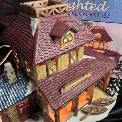 Lighted Porcelain “Boats & Bait” Holiday Village Marina House – Illuminated Collectible