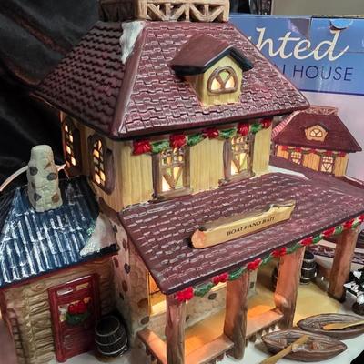 Lighted Porcelain “Boats & Bait” Holiday Village Marina House – Illuminated Collectible