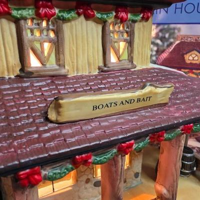 Lighted Porcelain “Boats & Bait” Holiday Village Marina House – Illuminated Collectible