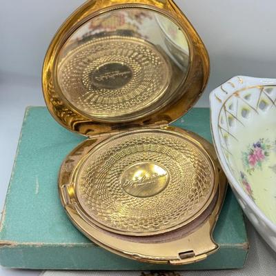 LOT 56K: Vintage Elgin America Compact, Pierced Japanese Porcelain Dish, Brooches & Owl Cross Stitch