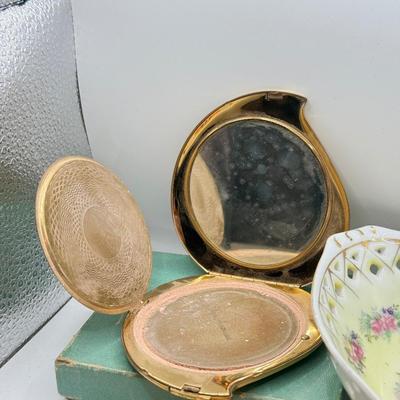 LOT 56K: Vintage Elgin America Compact, Pierced Japanese Porcelain Dish, Brooches & Owl Cross Stitch