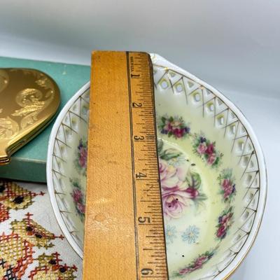 LOT 56K: Vintage Elgin America Compact, Pierced Japanese Porcelain Dish, Brooches & Owl Cross Stitch