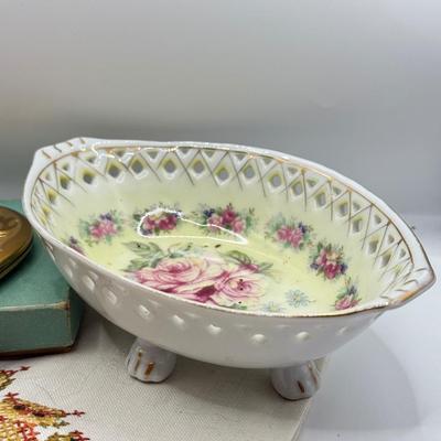 LOT 56K: Vintage Elgin America Compact, Pierced Japanese Porcelain Dish, Brooches & Owl Cross Stitch
