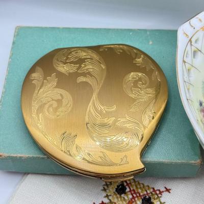 LOT 56K: Vintage Elgin America Compact, Pierced Japanese Porcelain Dish, Brooches & Owl Cross Stitch
