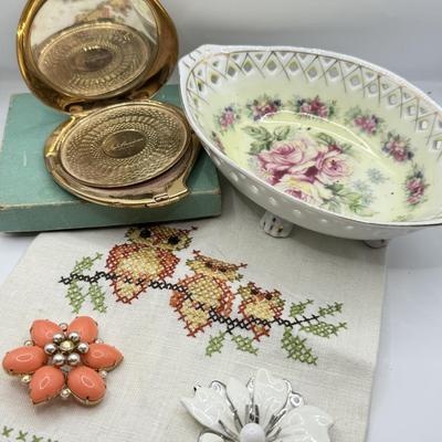 LOT 56K: Vintage Elgin America Compact, Pierced Japanese Porcelain Dish, Brooches & Owl Cross Stitch